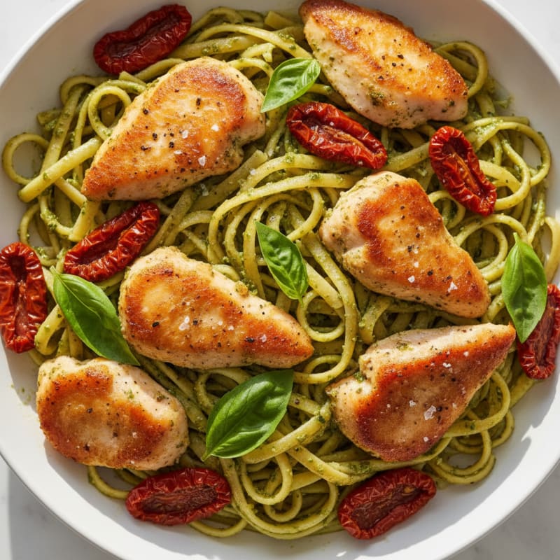 Pesto Chicken Linguine with Sun-Dried Tomatoes