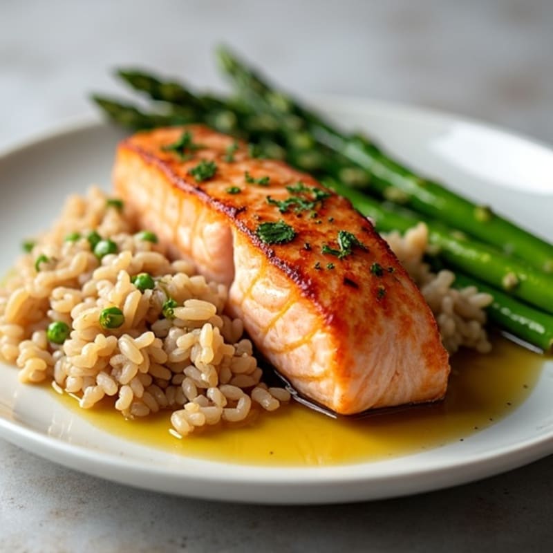 Seared Salmon Filet with Steamed Asparagus and Brown Rice