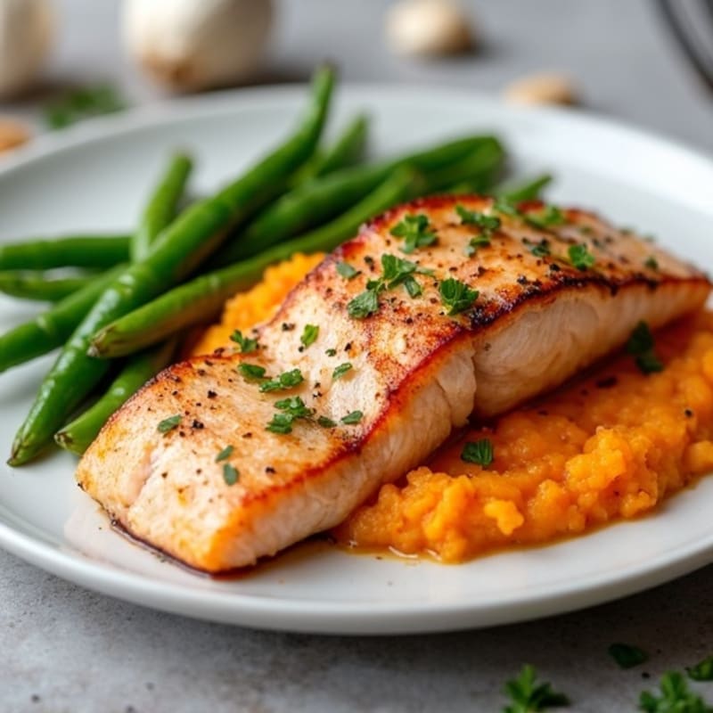 Seared Salmon with Garlic Green Beans and Sweet Potato Mash