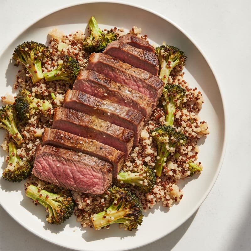 Seared Lean Beef with Roasted Broccoli and Quinoa