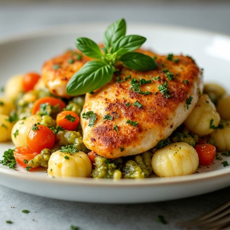 Chicken and Crispy Gnocchi with Fresh Pesto and Roasted Vegetables