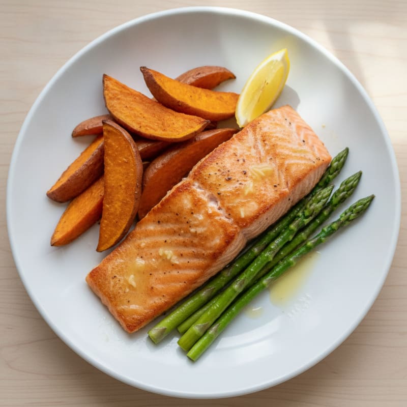 Seared Salmon Fillet with Roasted Sweet Potatoes and Asparagus