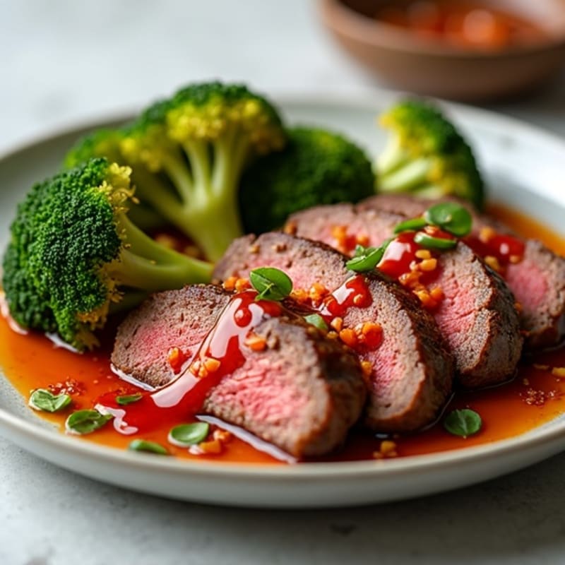 Tender Spicy-Sweet Garlic-Ginger Beef with Crispy Roasted Broccoli