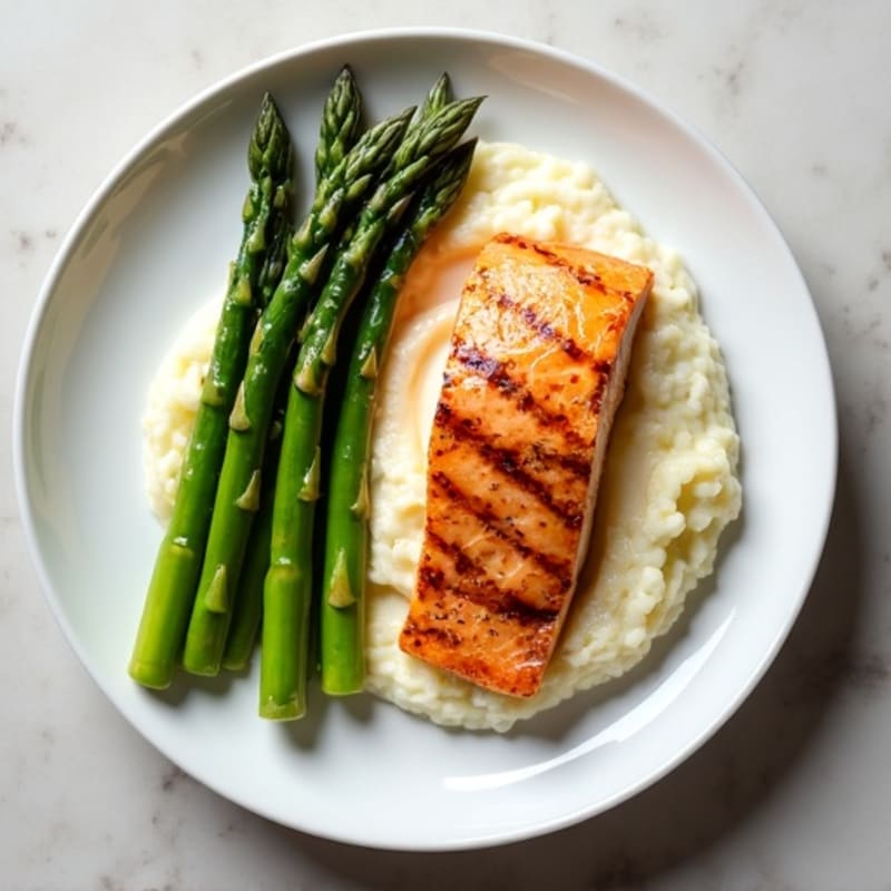 Seared Salmon with Steamed Asparagus and Cauliflower Mash