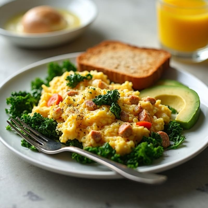 Egg White and Turkey Sausage Scramble with Sautéed Spinach
