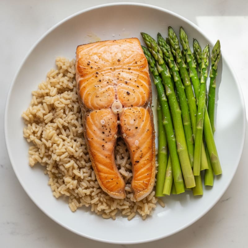 Seared Salmon with Steamed Asparagus and Brown Rice