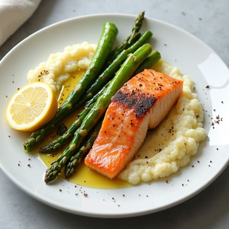 Seared Salmon with Roasted Asparagus and Cauliflower Mash