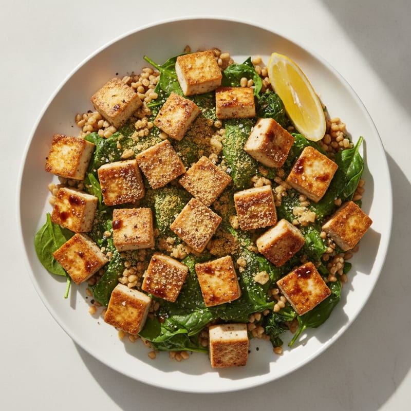 Pan-Seared Tofu with Garlicky Spinach Farro