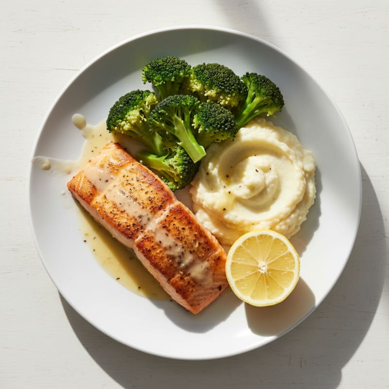 Seared Salmon with Steamed Broccoli and Creamy Mashed Cauliflower
