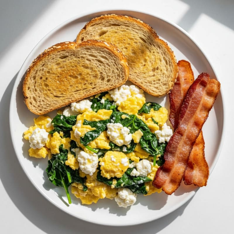 Cottage Cheese Scramble with Spinach and Turkey Bacon