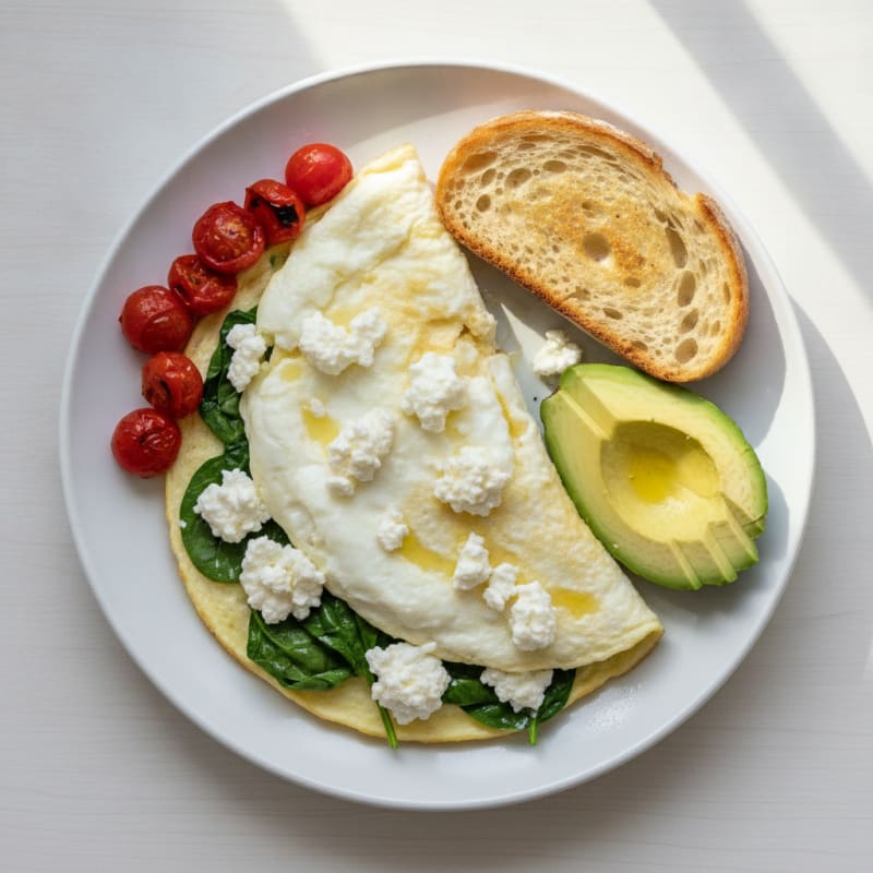 Egg White Spinach Omelette with Cottage Cheese and Cherry Tomatoes