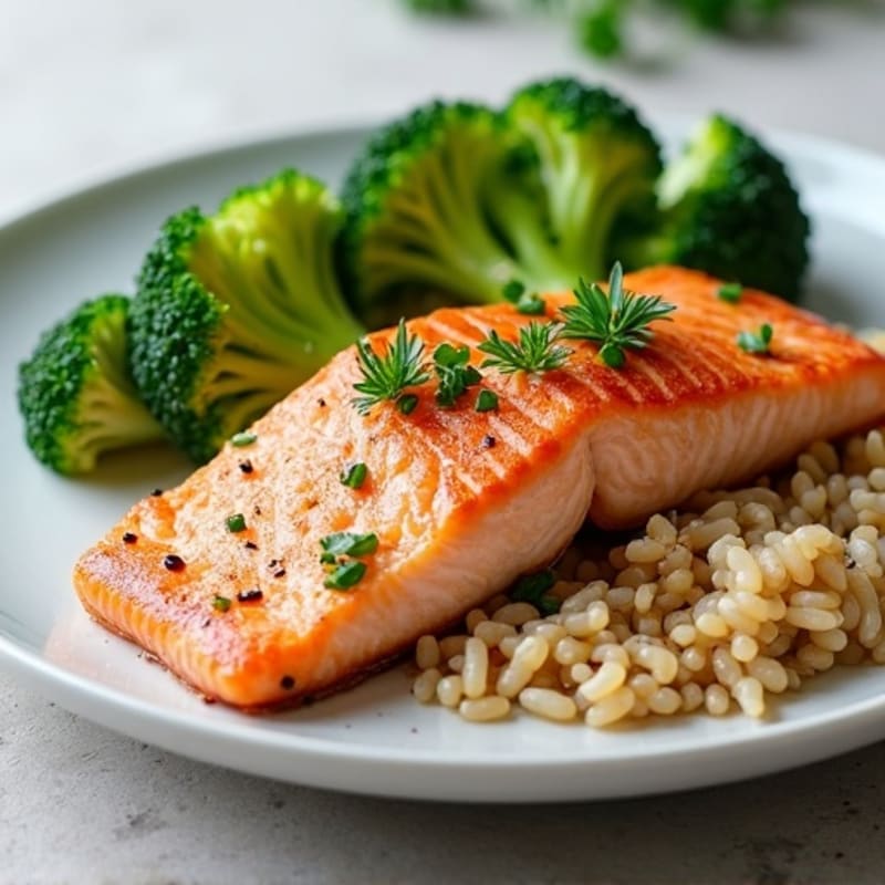 Seared Salmon with Steamed Broccoli and Brown Rice