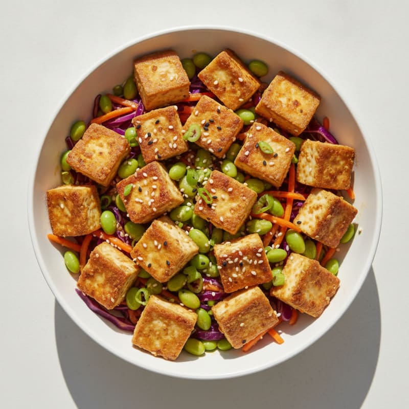 Seared Tofu and Edamame Power Bowl with Crunchy Slaw