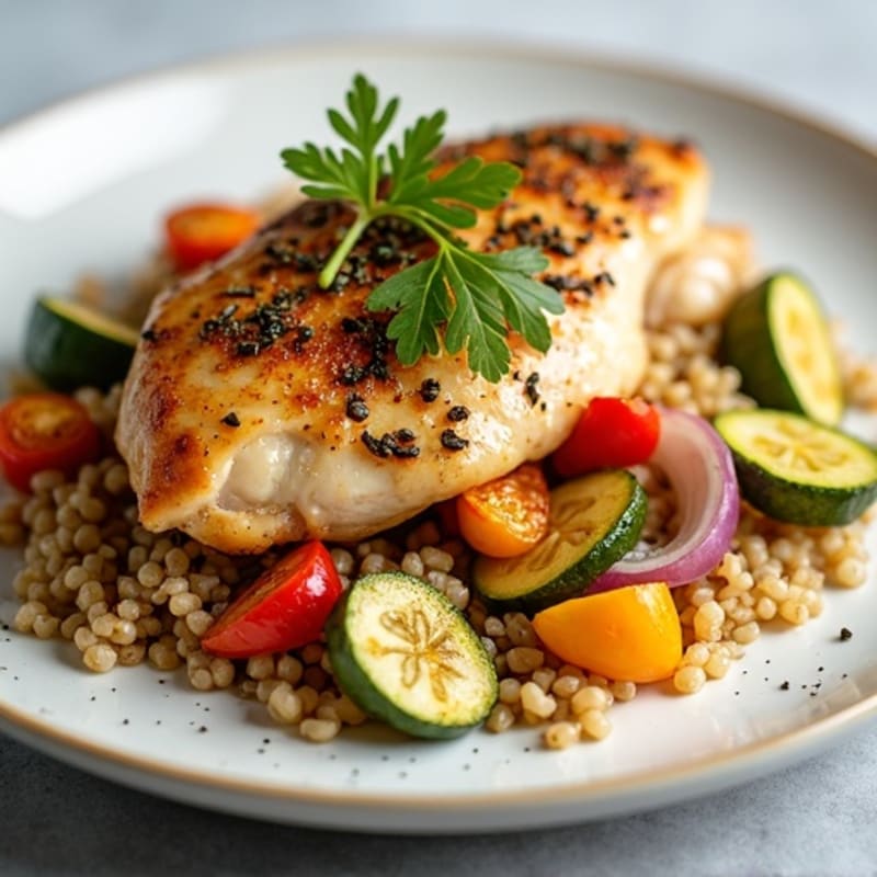 Lemon-Herb Roasted Chicken with Crispy Roasted Vegetables and Fluffy Quinoa