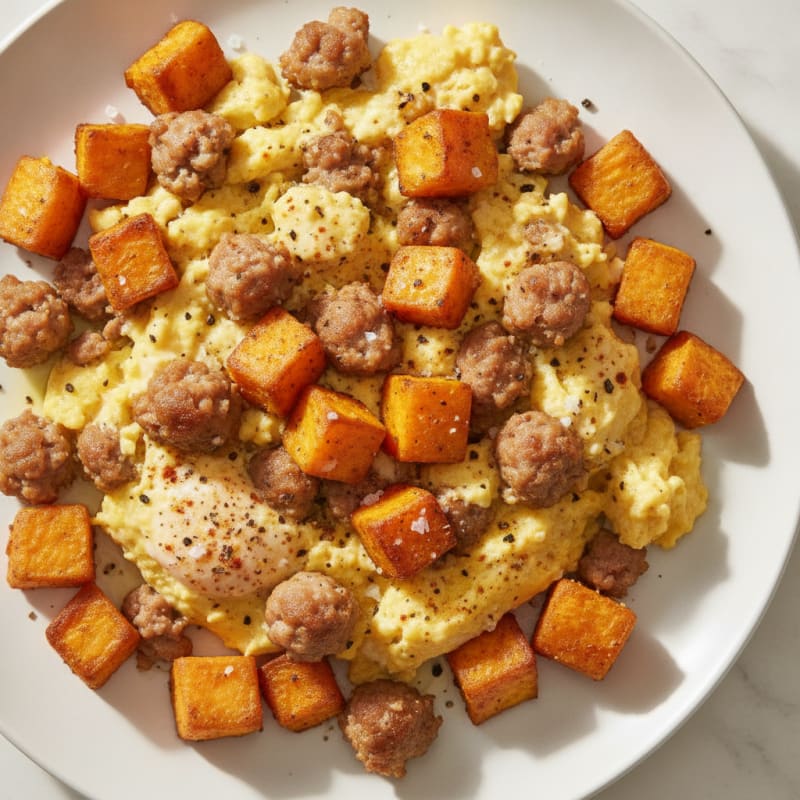Scrambled Eggs with Turkey Sausage and Roasted Sweet Potatoes