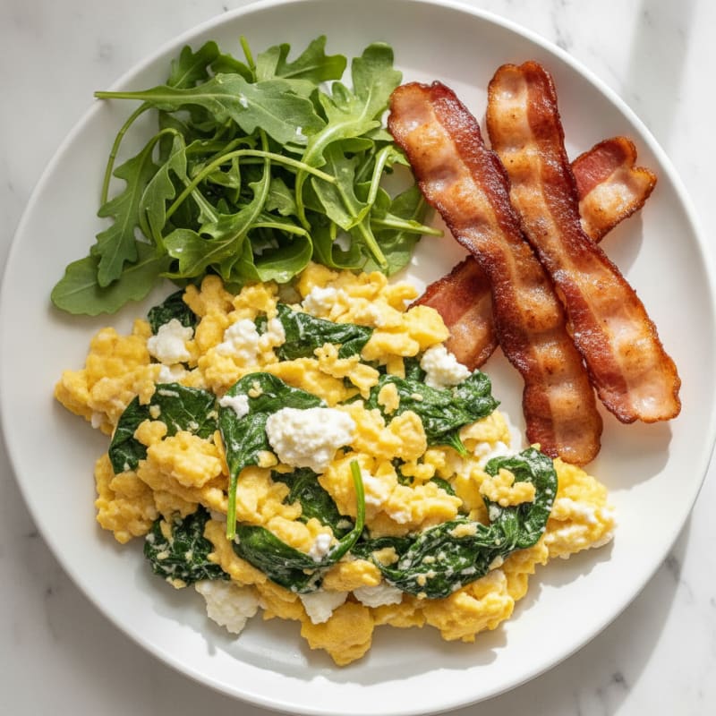 Cottage Cheese and Egg Scramble with Spinach and Turkey Bacon