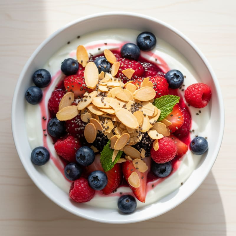 Greek Yogurt Protein Parfait with Mixed Berries and Almonds