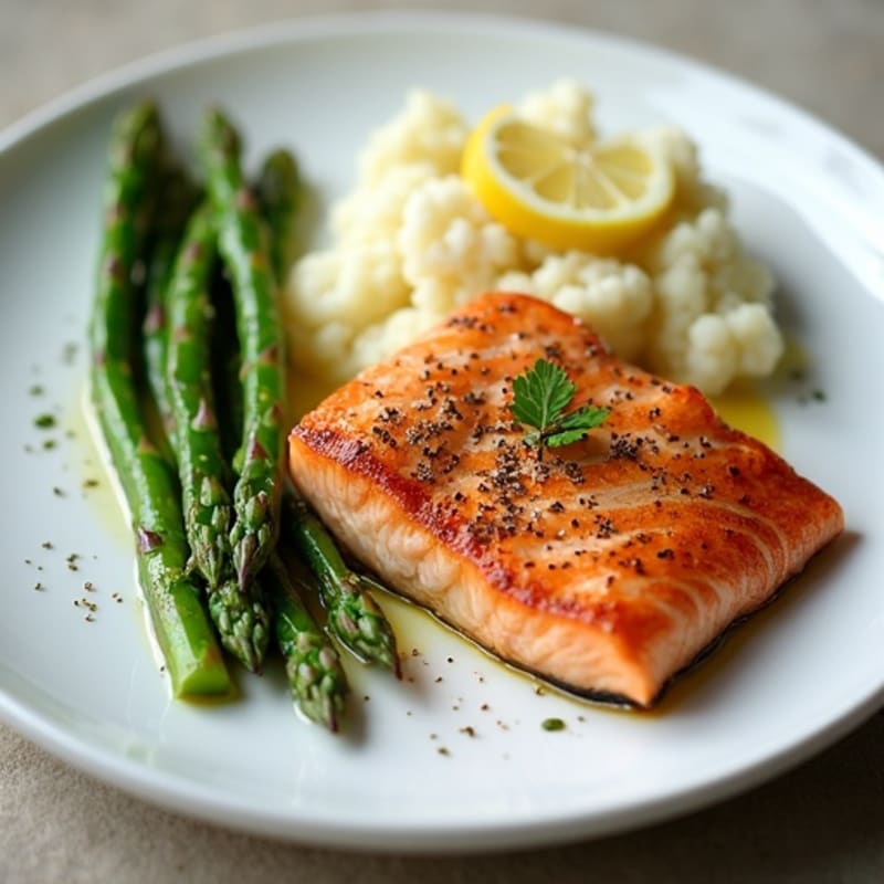 Seared Salmon with Steamed Asparagus and Garlic Mashed Cauliflower