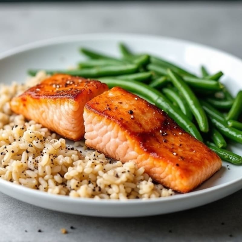 Seared Salmon with Steamed Green Beans and Brown Rice