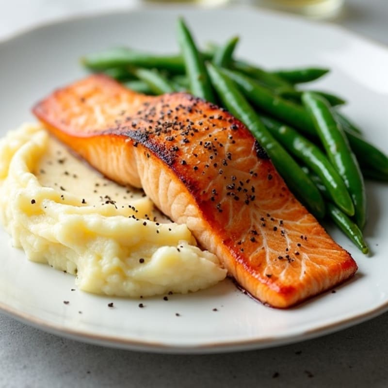 Seared Salmon with Steamed Green Beans and Garlic Mashed Potatoes