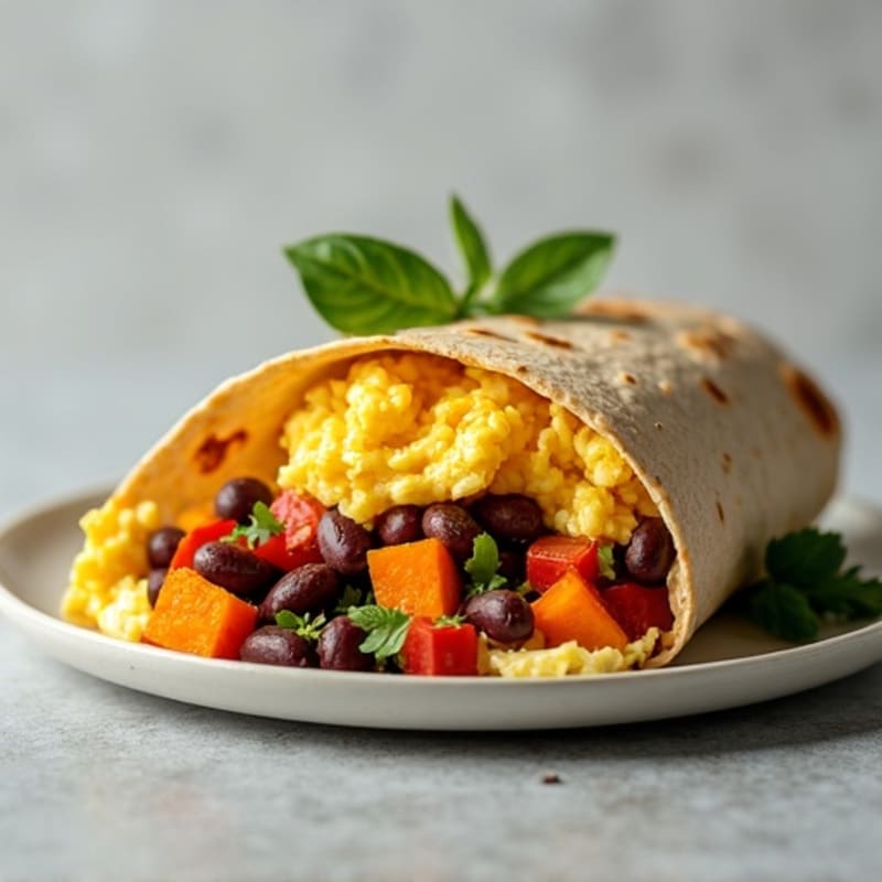 Scrambled Egg, Roasted Sweet Potato, and Black Bean Burrito