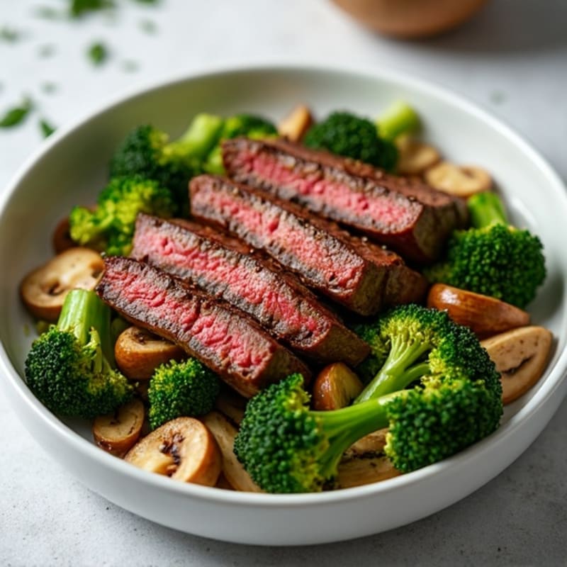 Seared Lean Beef Strips with Roasted Broccoli and Garlic Mushrooms