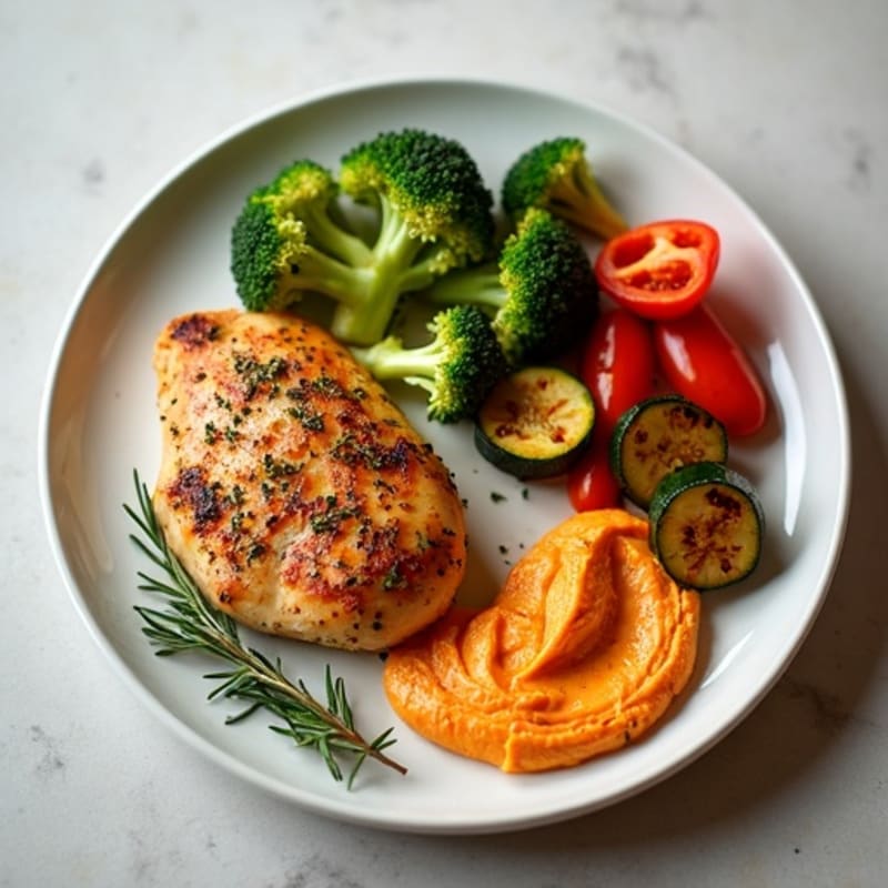 Herb-Roasted Chicken and Vegetable Plate with Creamy Red Pepper Hummus
