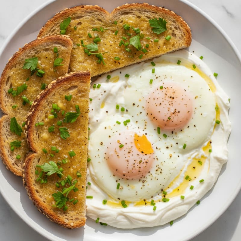 Baked Eggs over Savory Yogurt with Herb Butter Toast