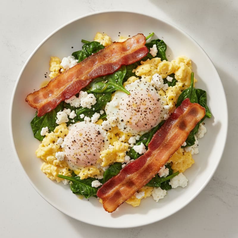 Cottage Cheese and Egg Scramble with Sautéed Spinach and Turkey Bacon