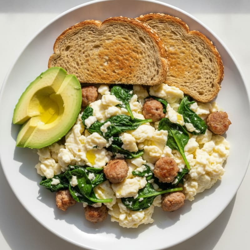 Egg White Spinach Scramble with Turkey Sausage