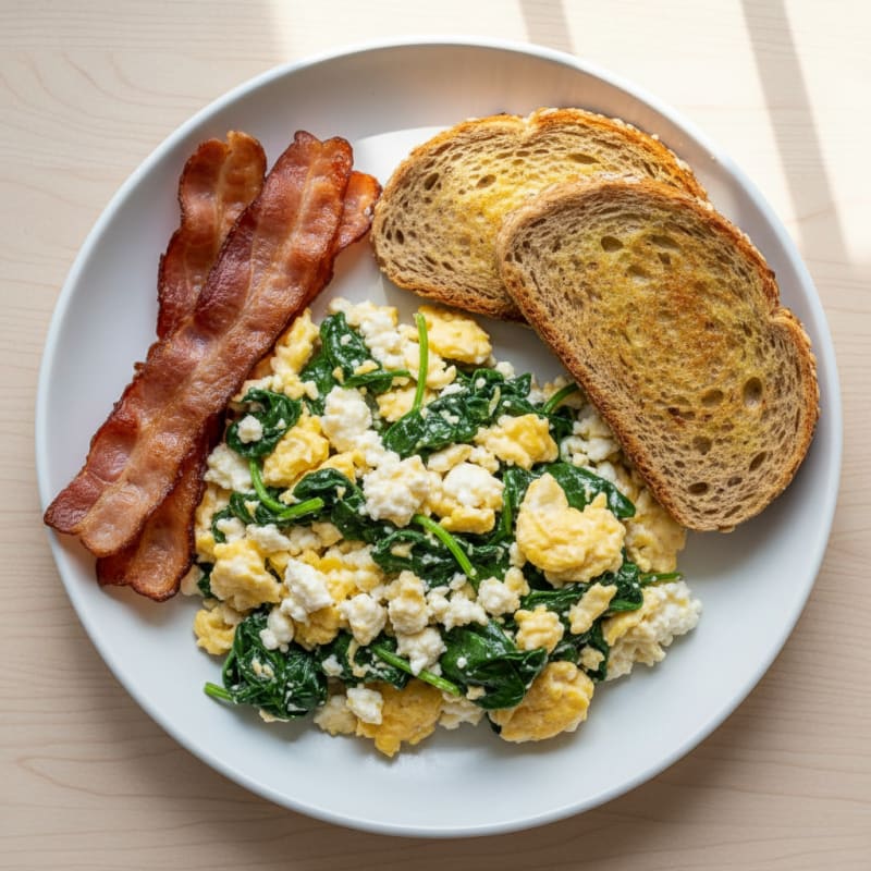 Cottage Cheese Scramble with Spinach and Turkey Bacon