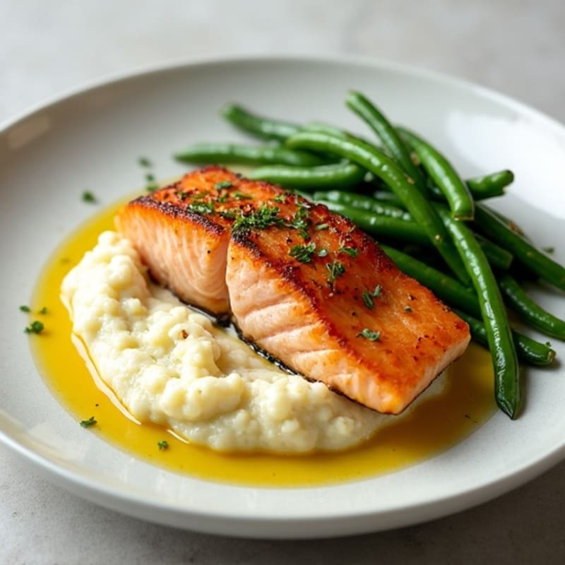 Seared Salmon with Garlic Green Beans and Cauliflower Mash