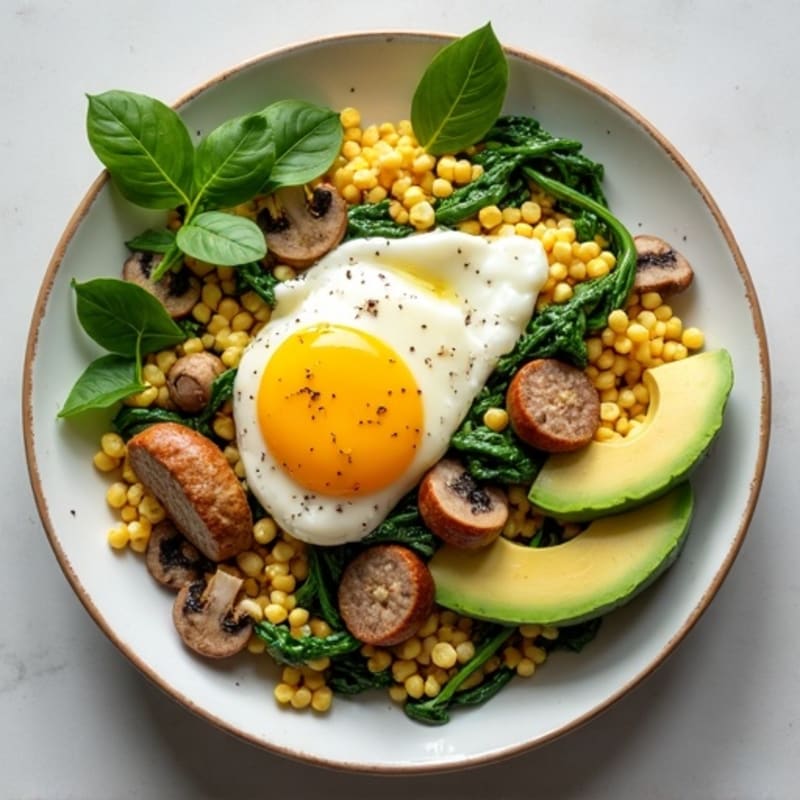 Egg White and Turkey Sausage Scramble with Spinach, Mushrooms, and Avocado