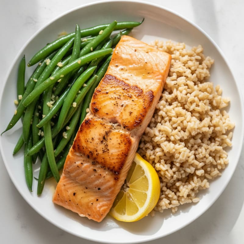 Seared Salmon with Garlic Green Beans and Brown Rice