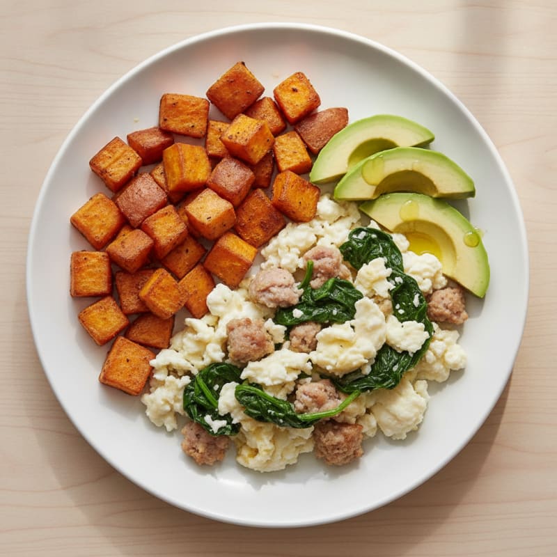 Scrambled Egg Whites with Turkey Sausage and Sautéed Spinach