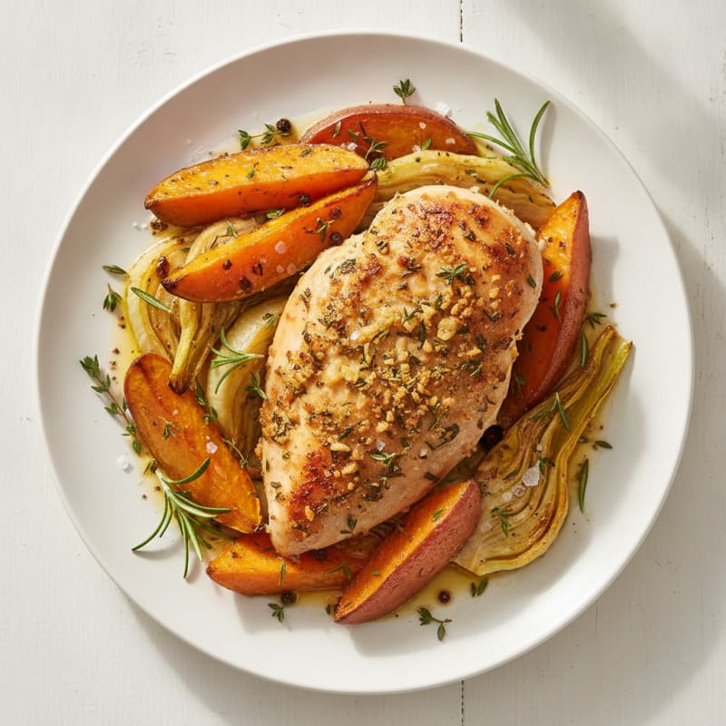 Roasted Sweet Potato and Fennel with Herb-Crusted Chicken