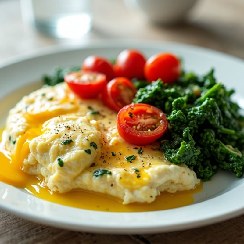 Cottage Cheese Egg White Scramble with Sautéed Spinach and Cherry Tomatoes
