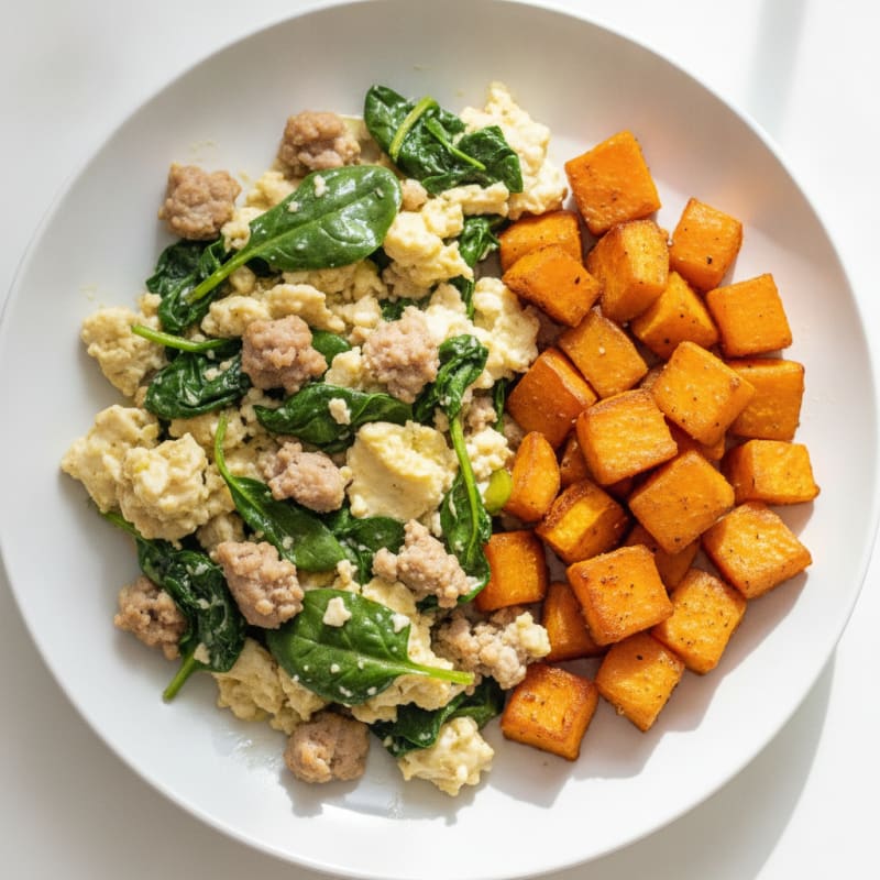 Egg White and Turkey Sausage Scramble with Spinach and Roasted Sweet Potato