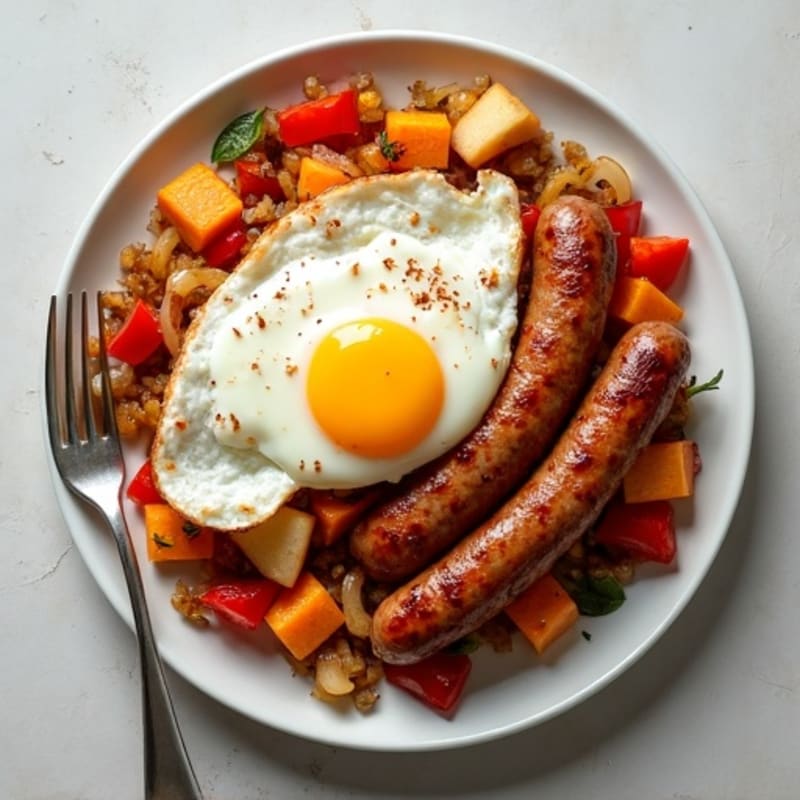 Spiced Sweet Potato and Apple Hash with Crispy Turkey Sausage