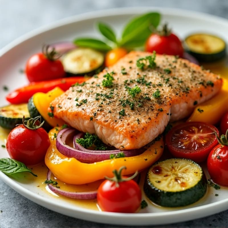 Crispy Sheet Pan Herb-Crusted Salmon with Roasted Rainbow Vegetables