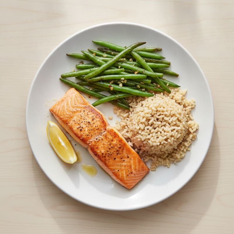 Seared Salmon with Garlic Green Beans and Brown Rice