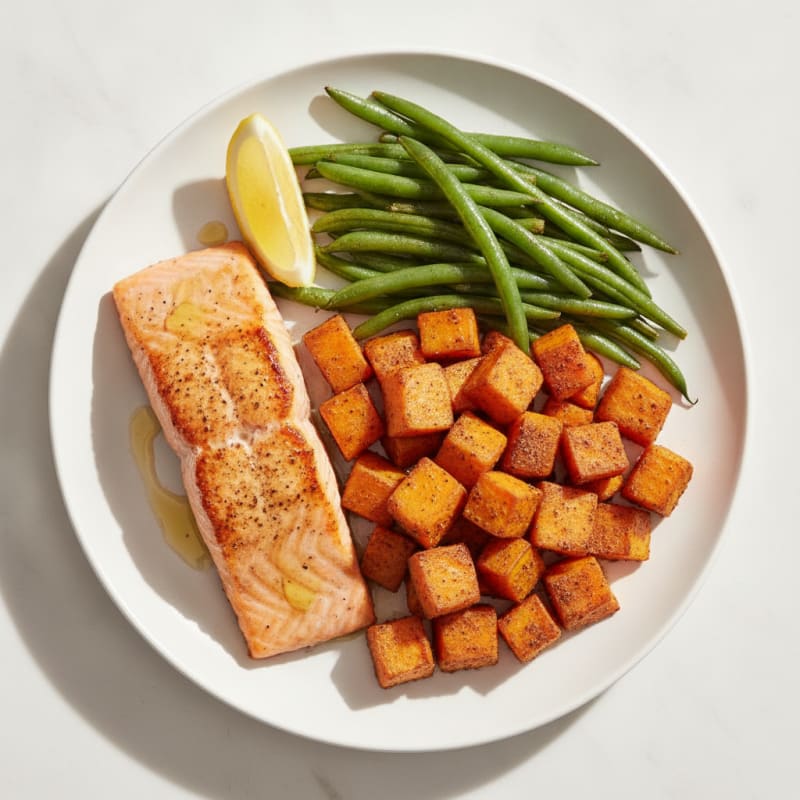 Seared Salmon with Roasted Sweet Potato and Green Beans
