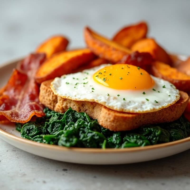 Egg White and Turkey Bacon Toast with Sautéed Spinach and Baked Sweet Potato Fries