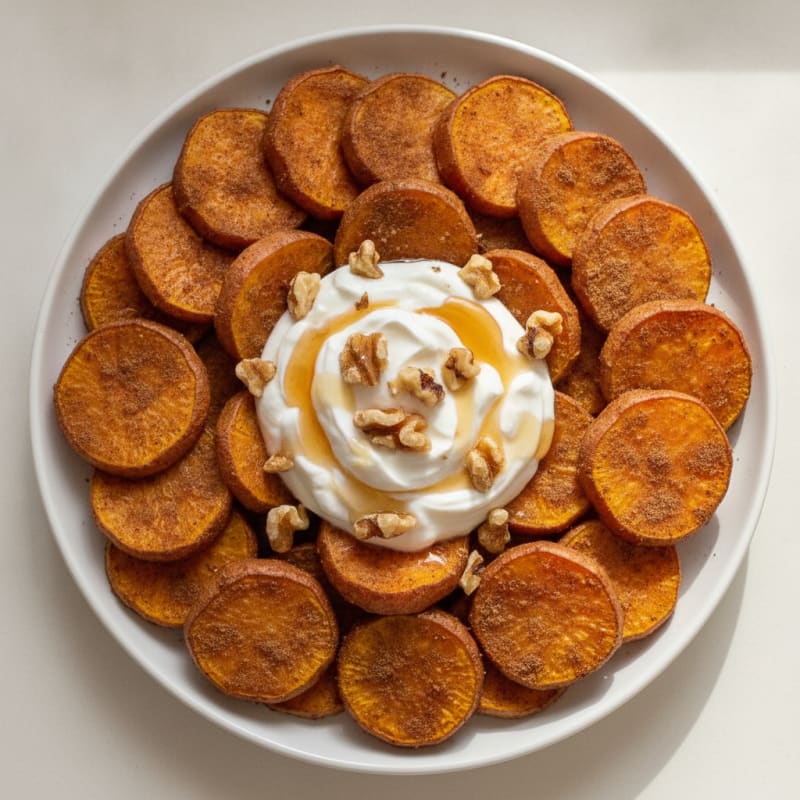 Baked Cinnamon Sweet Potato Rounds with Maple-Walnut Yogurt
