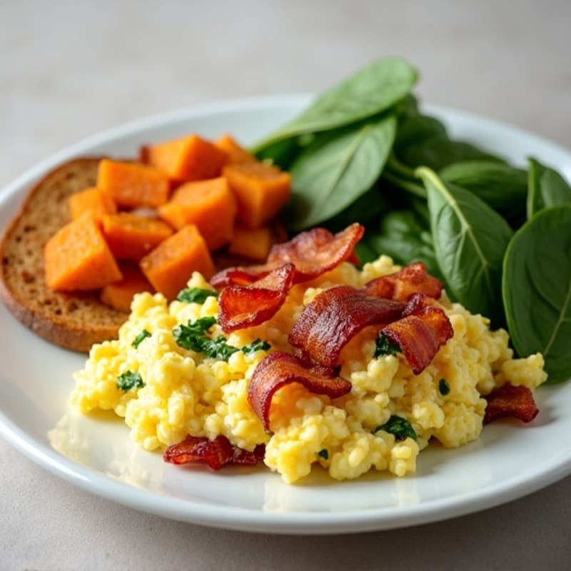 Crispy Turkey Bacon and Egg White Scramble with Roasted Sweet Potato