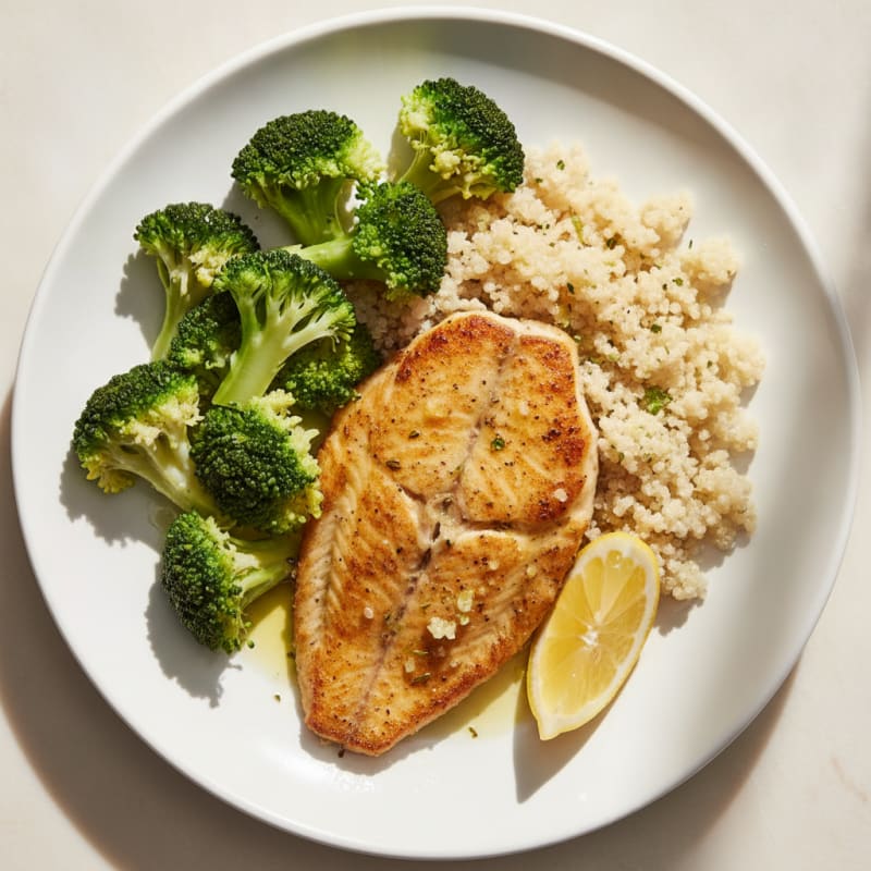 Seared Tilapia with Steamed Broccoli and Quinoa