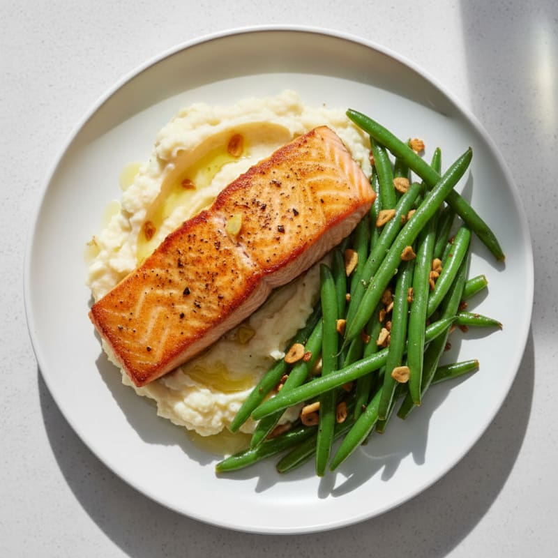 Seared Salmon with Garlic Green Beans and Mashed Cauliflower