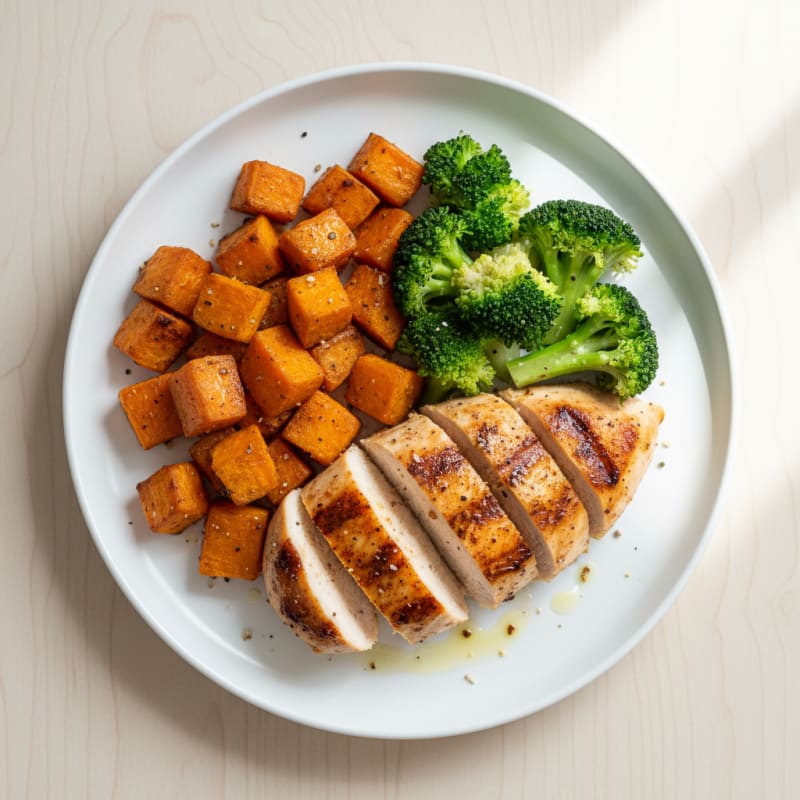 Grilled Chicken Breast with Roasted Sweet Potato and Steamed Broccoli