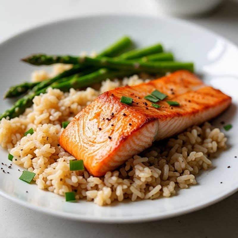 Seared Salmon Fillet with Steamed Asparagus and Brown Rice