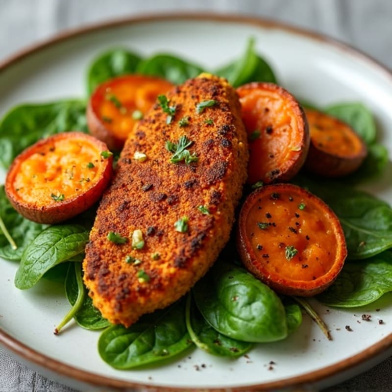 Crispy Spiced Ground Chicken with Roasted Sweet Potatoes and Greens